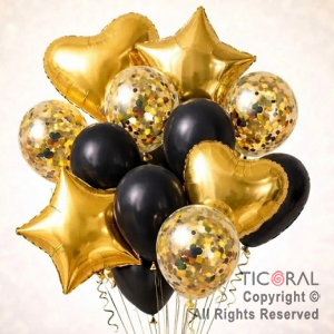 SET DE GLOBOS METALIZADOS ESTRELLA CORAZON CONFETI Y LATEX ORO Y NEGRO x 14 UNIDADES